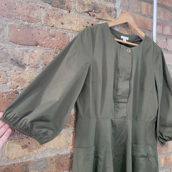 Cuyana Safari Olive Green Cotton Poplin Puff Sleeve Midi Dress Size Medium - Picture 4 of 6